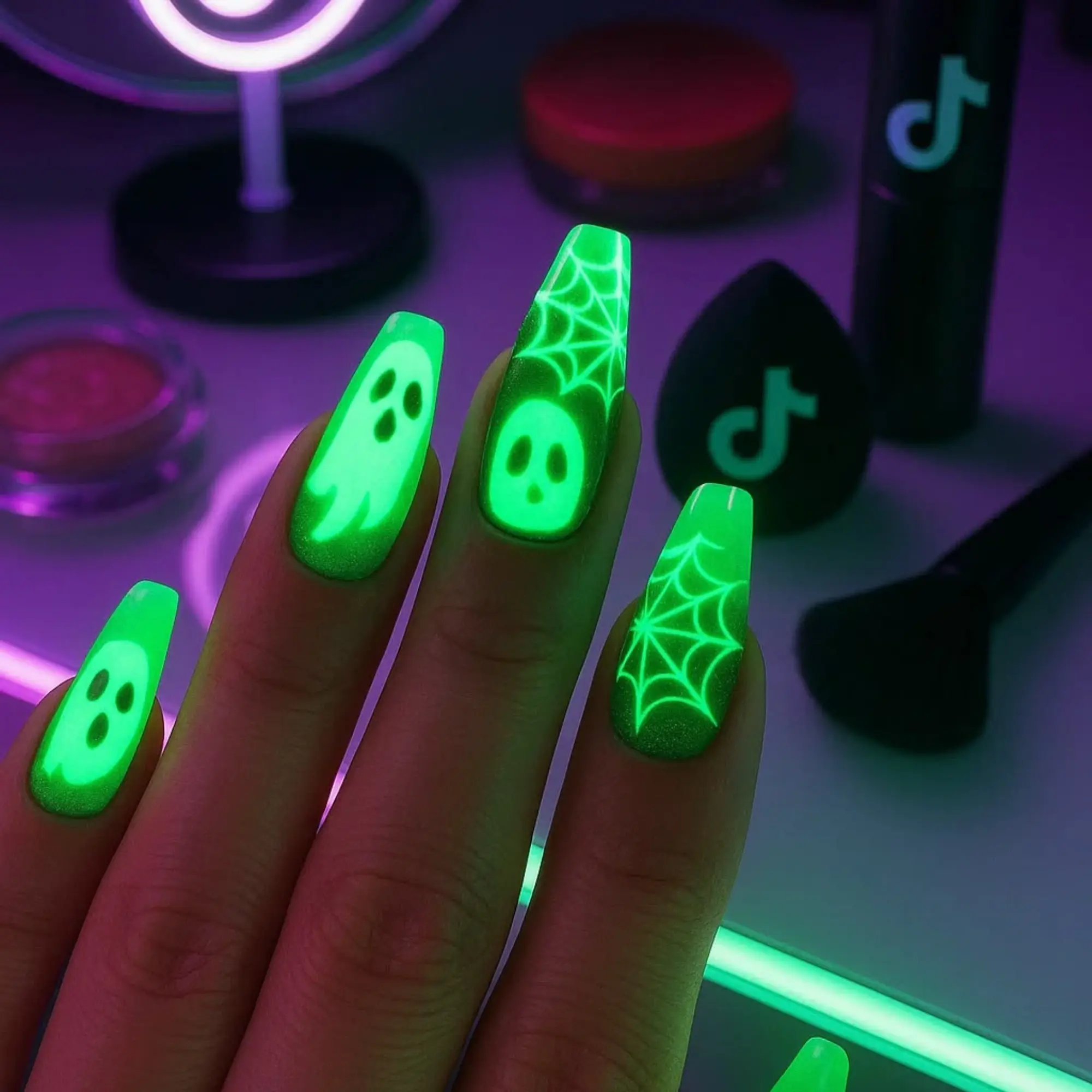 Glow in the Dark Ghost Press On Nails | Neon Spider Web Halloween Nail Art | Handmade Reusable Spooky Nail Set