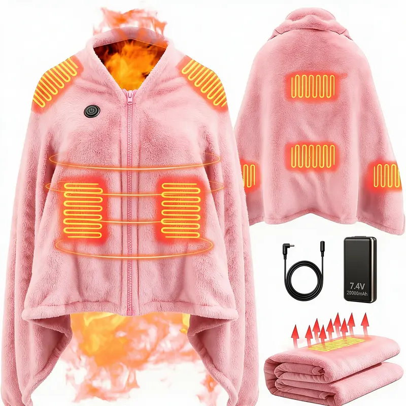 Portable Heated Poncho Blanket Shawl with 7.4V 20,000mAh Power Bank, DC Round Connector, 67" × 36" Electric Blanket, 3 Heat Levels, Auto-Off, Double-Sided Flannel Fleece, Machine Washable Heated Throw for Home, Office, Travel & Camping, Winter Gift