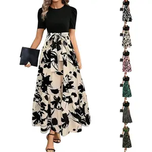 Long Floral Dresses for Women 2025 Business Casual Elegant Tie Waist Work Maxi Dress Short Sleeve Modest Flowy Dress