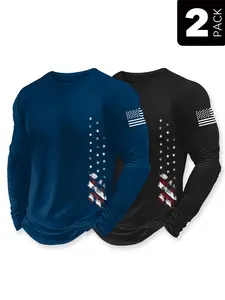 Men's 2 Pack American Flag Long Sleeve T-Shirts - Patriotic USA Flag Graphic Tees in Black & Navy, Casual Athletic Crewneck Tops for 4th of July, Memorial Day, Everyday Wear, Patriotic Outfits, Casual Street Fashion, Comfortable Soft Tees