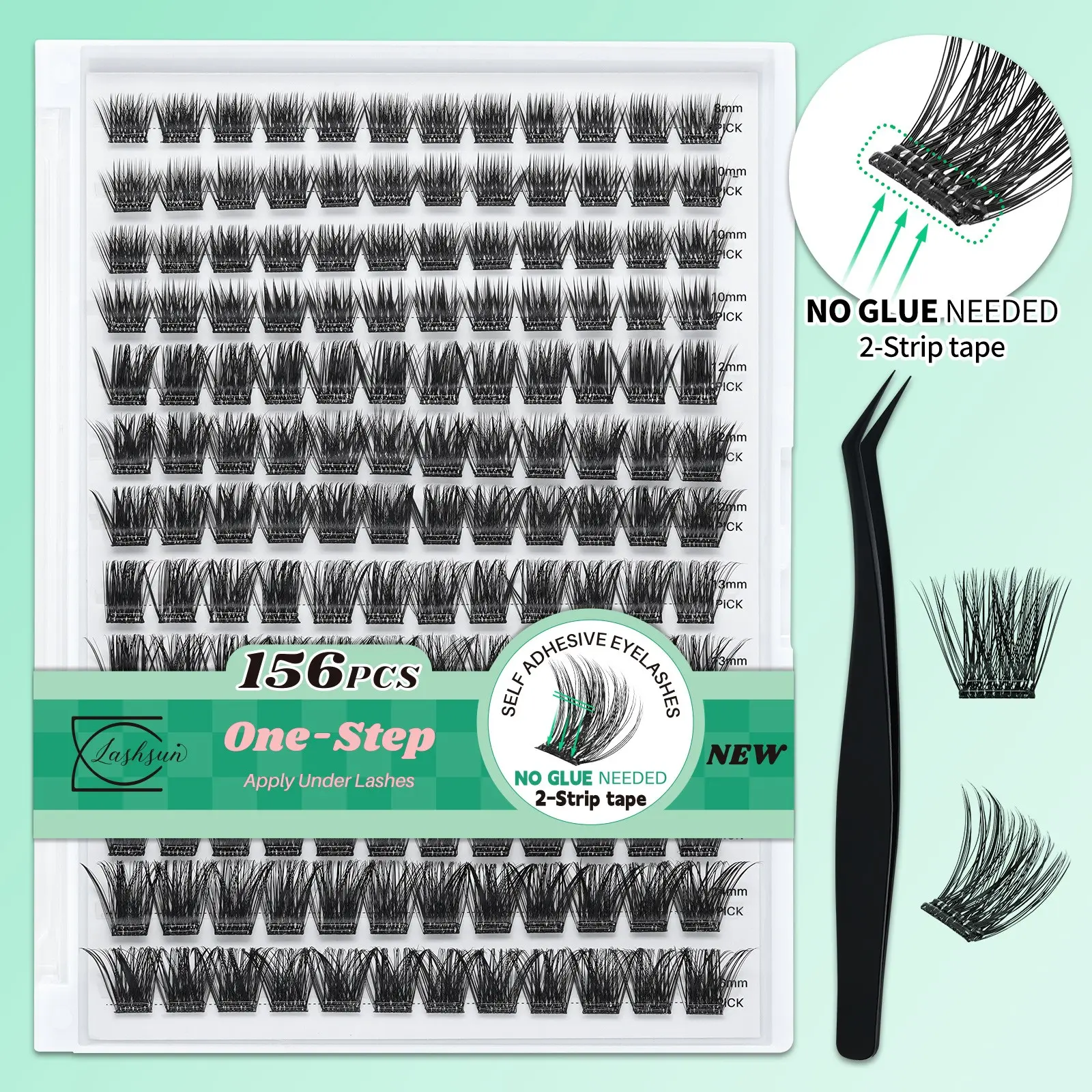 Lashsun Self Adhesive Eyelashes, 156 Pcs D Curl Self Adhesive Eyelash Clusters, DIY Volume Eyelashes, No Glue Needed, Invisible 2-Strip Tape - Longer Lasting, No Sticky Residue Pre Glued Eyelashes, Lash Clusters Set