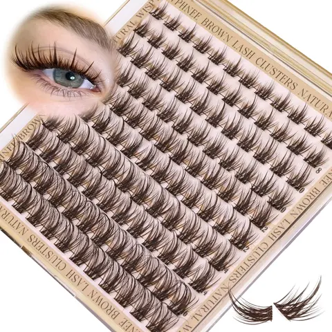 Brown DIY Eyelash Extensions with Clear Tape, Cosmetic False Lashes, 120pcs Cat-Eye D-Curl Clusters (8-16mm), Wispy & Fluffy Eyelash Clusters, DIY Cluster Lashes, Natural Dense Styles for Beginners