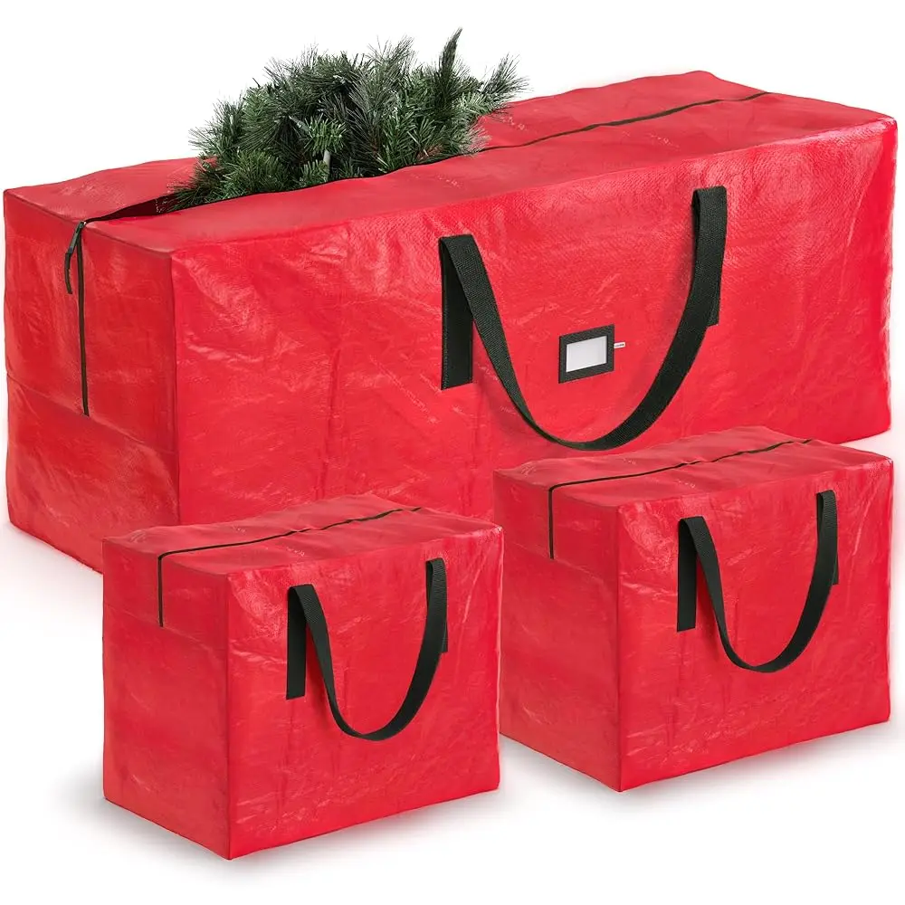 Zober Waterproof Christmas Tree Storage Bag For 7.5 Ft Trees With Ornament/Garland Bags - Durable Plastic, Strong Handles, Red