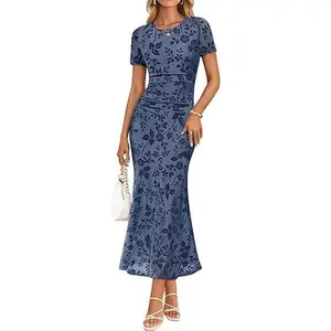 Women's Summer Short sleeved Flower Slimming Dress 2026 Ruffle Mesh Wedding Guests Cocktail Party Long Dress