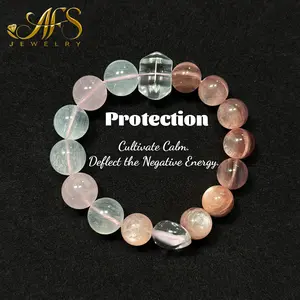 AFS Crystal Designer Energy Bracelet Rose Quartz Fluorite Lepidolite and Clear Quartz Healing Stone Jewelry for Intuition Calm & Cosmic Connection Gift for Her