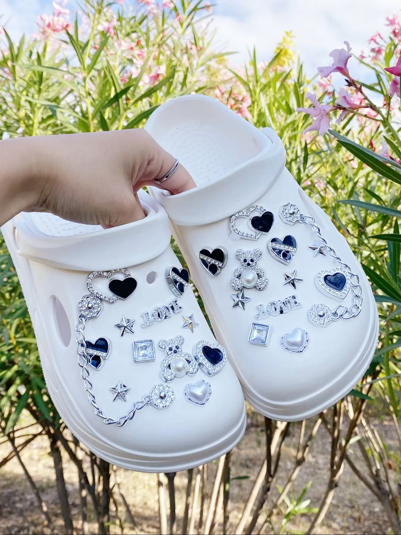 24pcs Fashion Silver Color Shoe Charms Set, Abs Resin Pendants, Rhinestone Chains, DIY Decorations for Women Shoes & Bags