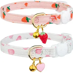 Cute Strawberry & Heart Design Cat Collar with Bell, 4 Counts/set Adjustable Pet Collar with Safety Buckle, Pet Supplies for Small Dogs & Cats