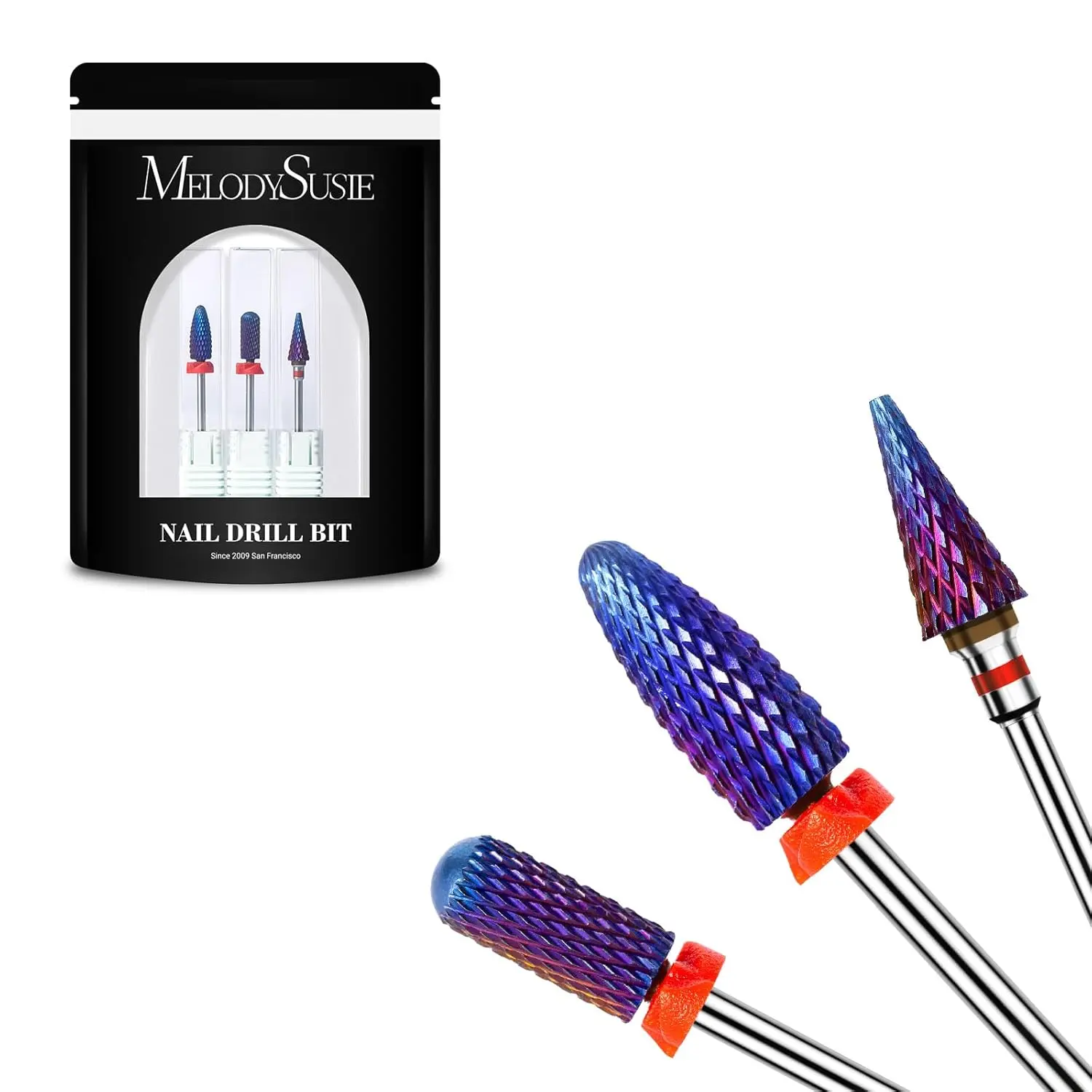 MelodySusie 3Pcs Nail Drill Bits Set, 3/32'' Carbide Tungsten Bits, Long Flame, Smooth Round Top Small Barrel and Tapered Nib Bits, Suitable for Manicure Pedicure Cuticle Gel Acrylic Remover, Purple