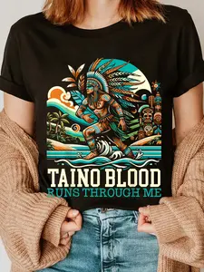 Women's Taino Warrior Graphic T-Shirt, 100% Cotton Round Neck Short Sleeve Streetwear Top for Everyday Wear, Puerto Rican Culture Apparel