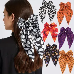 AWAYTR 6PCS Halloween Hair Bows For Women Girls Hair Ribbons Bowknot Clips Pumpkin Bat Big Bow Purple Long Tail Cute Hair Accessories Barrettes Party Gifts Cosplay