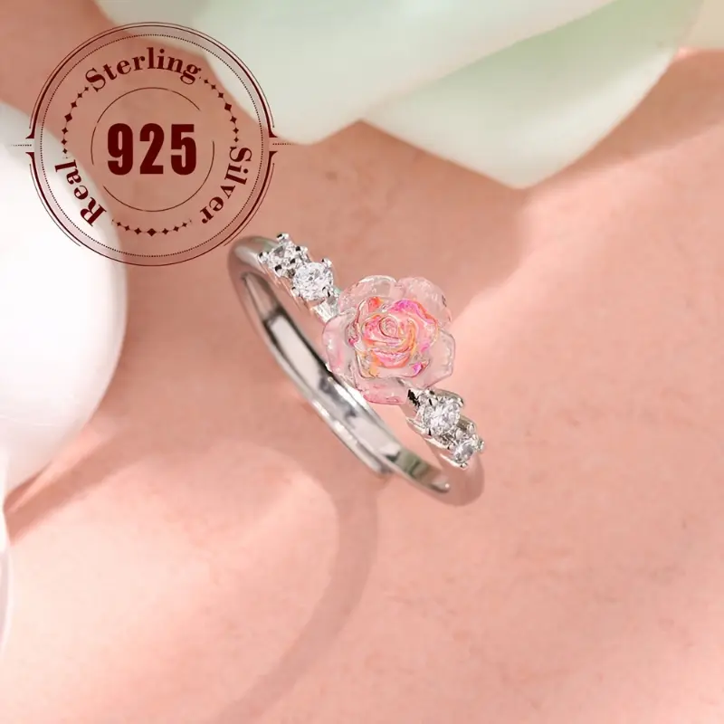 925 Sterling Silver Preppy Camellia Ring for Women with Synthetic Zircon, Cute Pink Flower Adjustable Band for Daily Fashion, Zircon Stones, Casual Wear