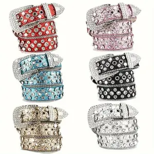 Skull Rivet Water Drill Bb Belt Fashion Solid Color Shiny Cool PU Belt Denim Denim Pants Belt Ladies Girls Men