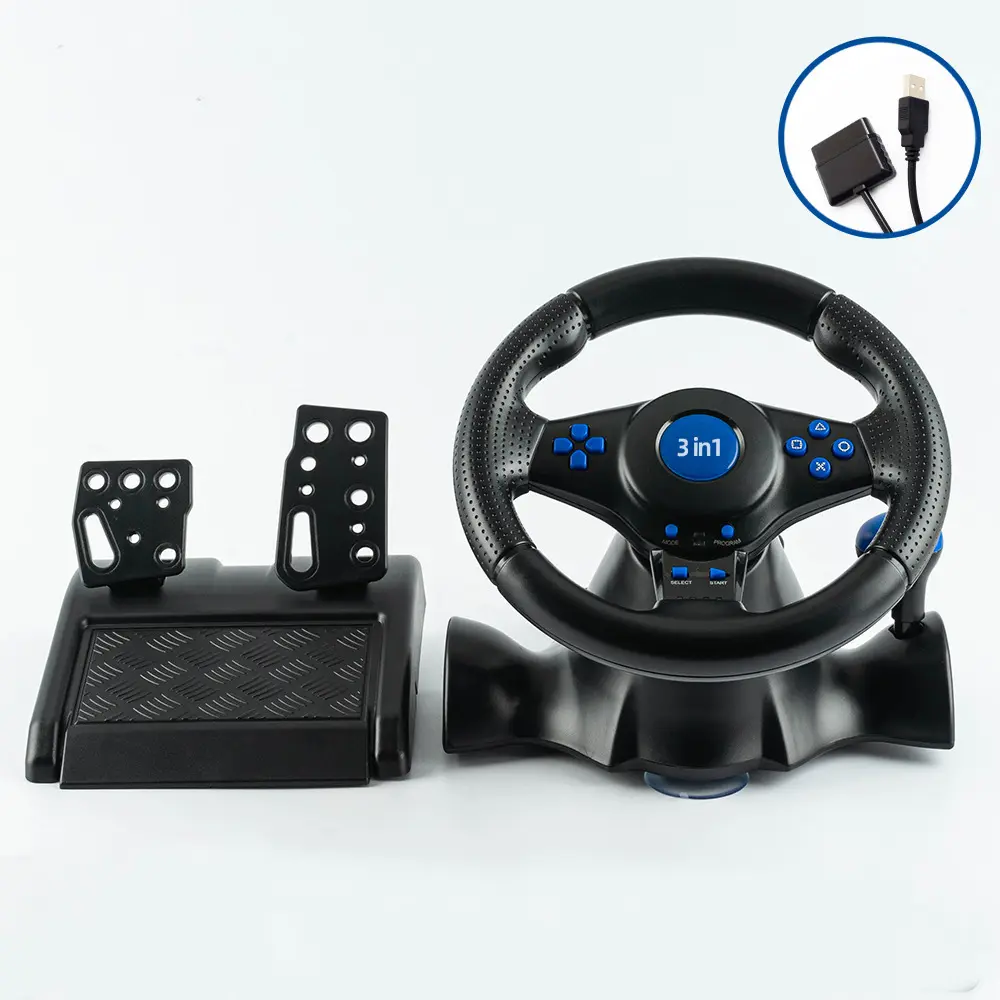 3-in-1 Racing Steering Wheel Gaming Console Accessory - ABS Plastic, Pedals, Gear Shifter, USB Plug Connection, Vibration Feedback, Anti-Slip Grip for Xbox360, PS3, PS2, PC Consoles
