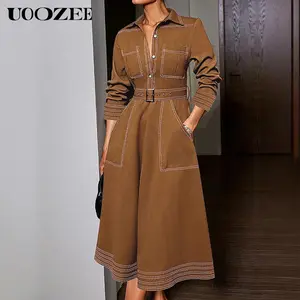 UOOZEE Women's 2025 Minimalist Polyester Shirt Dress - Autumn Lightweight Button-Down Elastic Lapel Brown Loose Fit A-Line Maxi Dress with Belt, Pockets (1 Size Up Recommended for C-Cup and Above)
