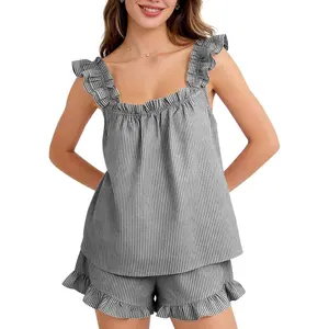 Womens Striped Ruffle Pajama Set 2 Piece Cute Cotton Sleeveless Bridal Pjs Frilly Sleepwear Lounge Set