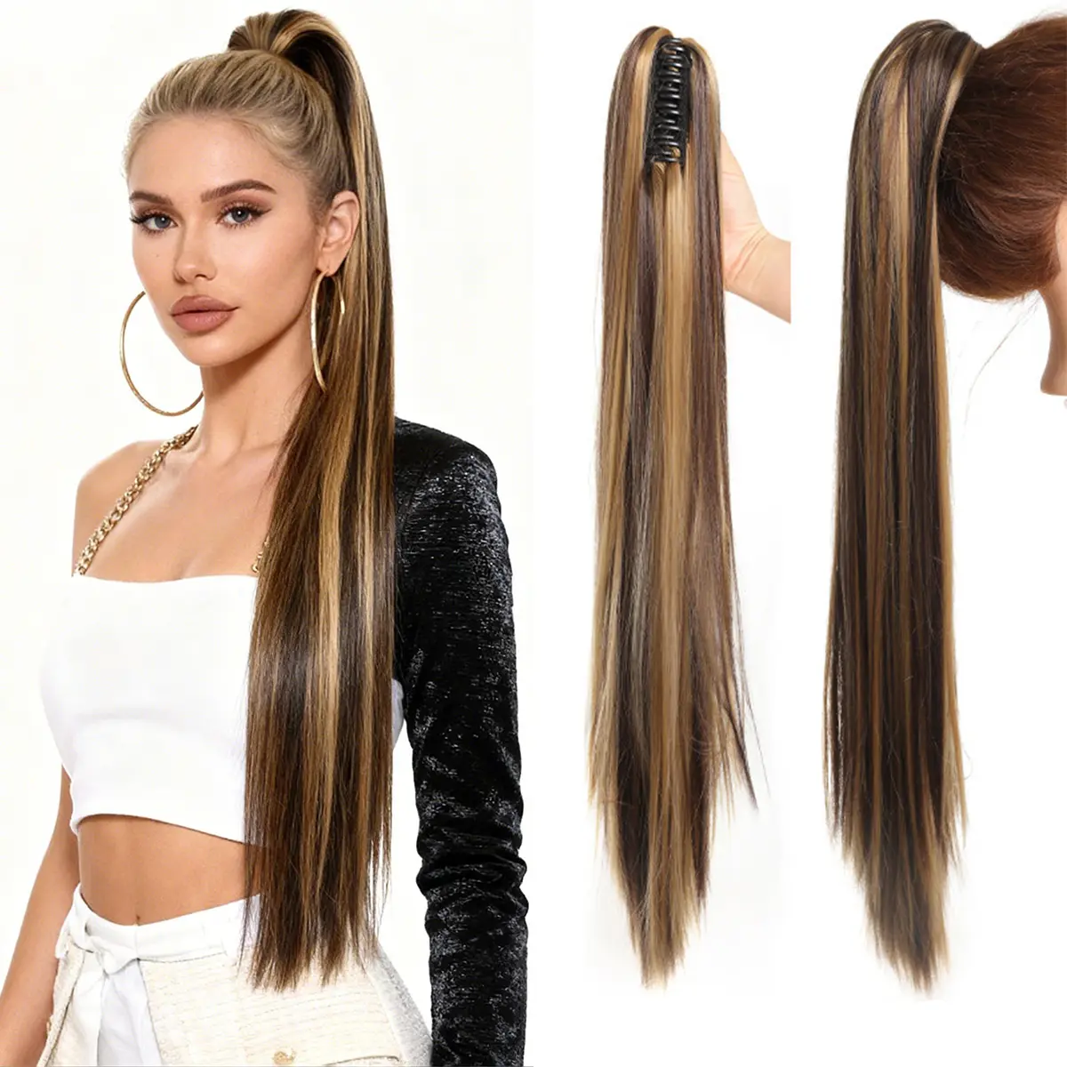 Women's Clip-in Straight Braided Ponytail Extensions - 28in Synthetic Silk Texture Hairpieces with Solid Straight Silky Finish, Quick-Style Ponytail Hairstyle Accessory for Women, Casual Daily SummerVibes Use, Accessories For Women