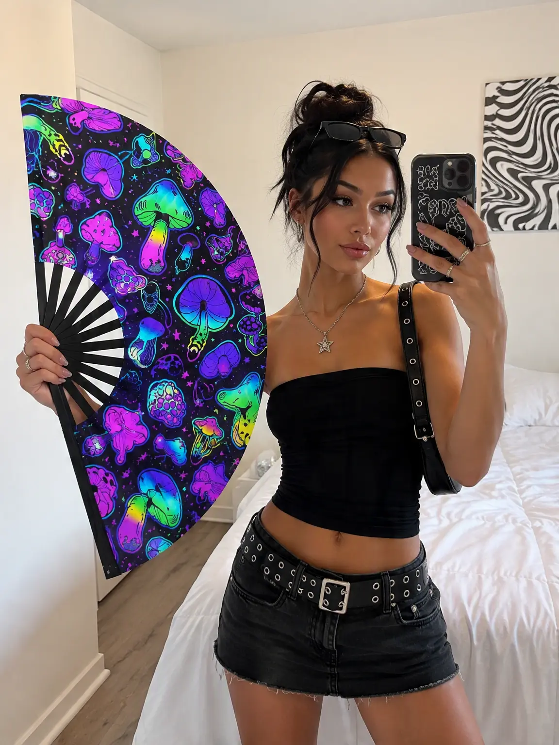 13-Inch Foldable ABS Plastic Hand Fan, Fluorescent Colored Mushrooms Design, Glow-in-the-Dark Chinese Martial Arts Decor, for Nightclubs, Summer Cooling