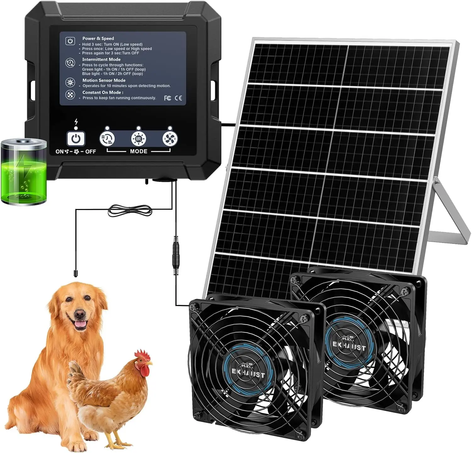 Chtoocy 25W Smart Solar Fan for Chicken Coop, Solar Powered Fan for Dog Shed Garage | 2500mAh Battery, 3 Smart Modes, Memory Function, IP65 Waterproof,