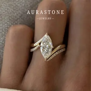 【#109RS】AURASTONE Moissanite 2PCS Ring Set S925 Silver Marquise Curved Band Setting Luxury Fashion Engagement/Proposal Ring