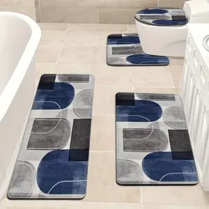 3pcs/4pcs Artistic Irregular Geometric Pattern Bathroom Mat Set with Toilet Lid Cover and U-Shaped Foot Pad