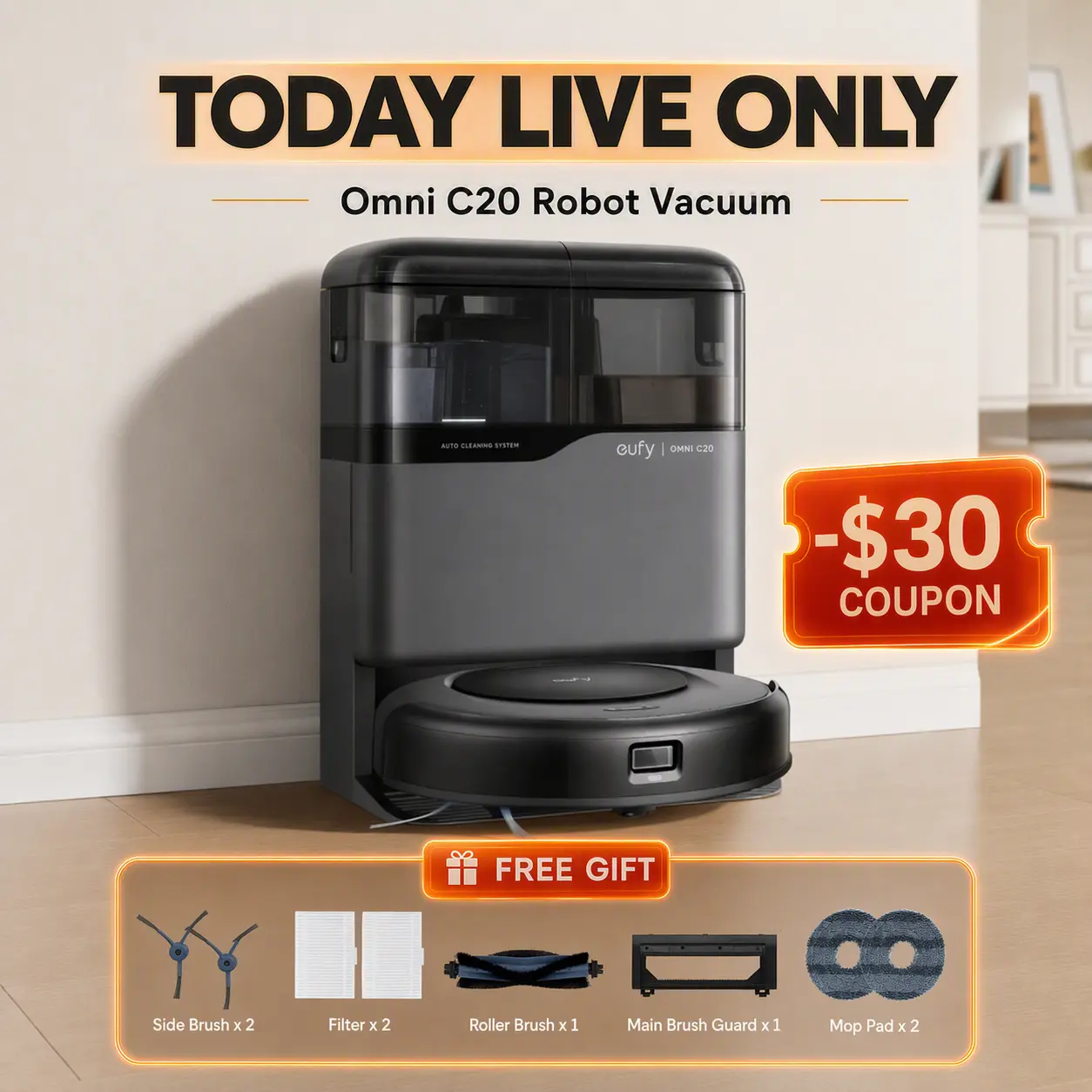 eufy C20 Omni Robot Vacuum, New Vacuum-and-Mop-Combo, Self-Emptying, Auto Mop-Washing and Auto-Drying for hands-free cleaning, 3.35-Inch Ultra-Slim Body, 7000 Pa Powerful Suction, All-in-One Station｜Spingtok