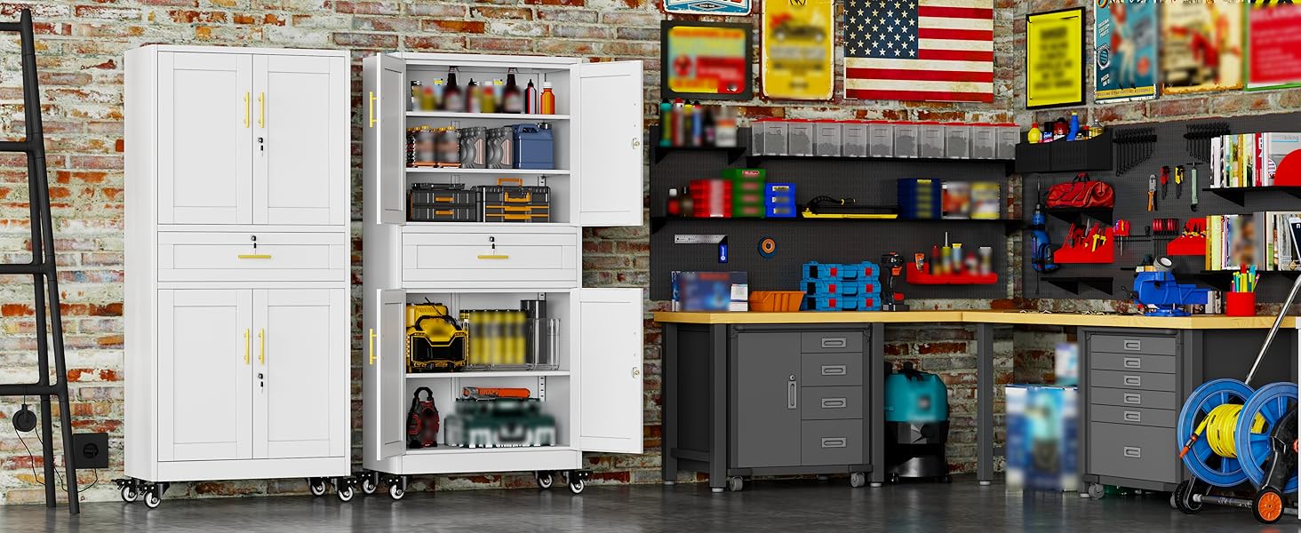 71" Heavy-Duty Metal Garage Storage Cabinet with Locking Doors & Adjustable Shelves – Rolling Tool Cabinet on Wheels, Large Storage Organizer with Drawer for Garage, Warehouse, Workshop (Black) room bathroom