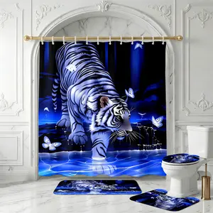 4Pcs Shower Curtain Set Majestic Tiger, Blue Butterfly, Water Ripple, Bathroom Sets with Rugs Christmas Halloween Thanksgiving, Bathroom Decor Striking Majestic Tiger Walking Through Blue Water With Fluttering Butterflies And Ripple Effects