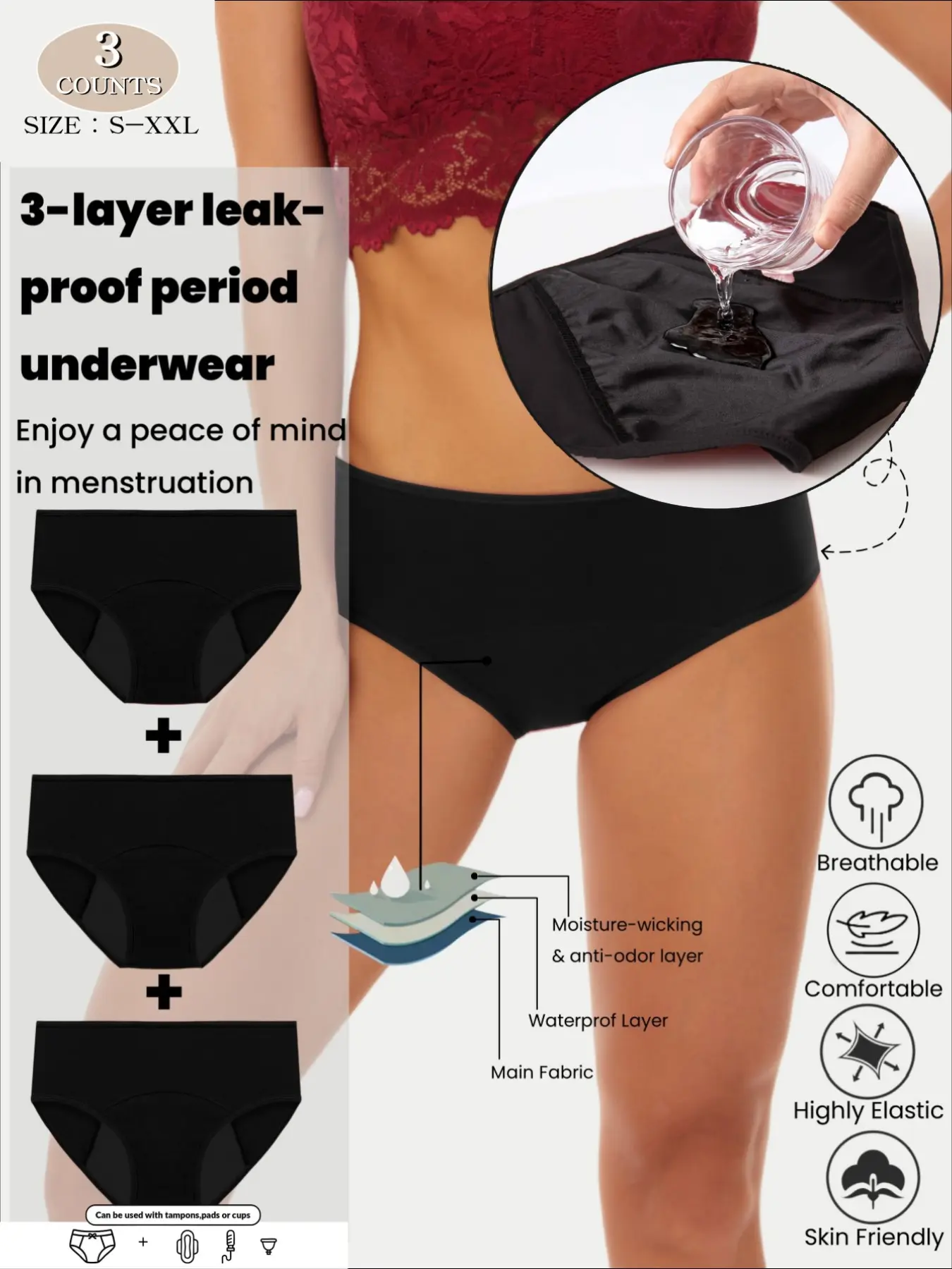 3-Piece 2026 Spring Collection Solid Color Seamless Low Waist Women's Leak proof Menstrual Underwear Full Coverage Physiological Triangle Pants - Comfortable, Soft, Breathable, No Sweating, （S-XXL）， Essential for all seasons