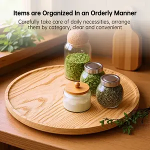 Rotatable Bamboo and Wood Tray, Kitchen Condiment Rack, Desktop Bedroom Jewelry Multi-function Tray, Storage Plate