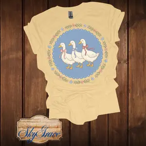 SkyGrace Women's Soft Cotton T-Shirt with Three White Goose Design in Blue Circle and Floral Wreath