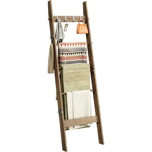 5-tier bamboo ladder shelf, farmhouse style blanket ladder, rustic decorative ladder with 4 removable hooks, brown