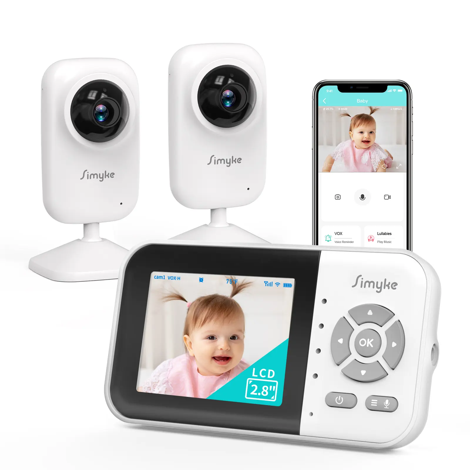 Simyke 2-Pack Video Baby Monitor Camera with Security Camera and 2.8" Screen, Night Vision, 2-Way Audio, 2500mAh Battery, 1200ft Long Range, Nanny Surveillance Camera, Safety Newborn Cmeras For Home No WiFi homeessentials