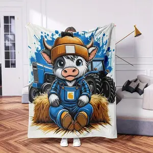 Ultra-Soft Double-Sided Cow and Tractor Throw Blanket - Vibrant Print, Playful Design, Lightweight Polyester, Warmth Retention, All-Season Use, Hand Wash Only, Ideal for Home, Travel