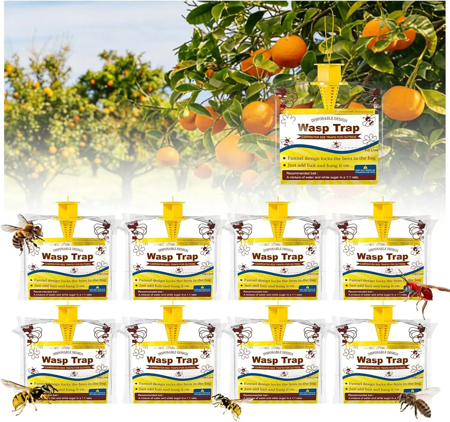 Wasp Traps Outdoor Hanging, Disposable Yellow Jacket Trap, Carpenter Bee Killer Outside, Bug Catcher Bags, 8 Pack Pest Insect Control Farm, Lawn and Garden, Ranch