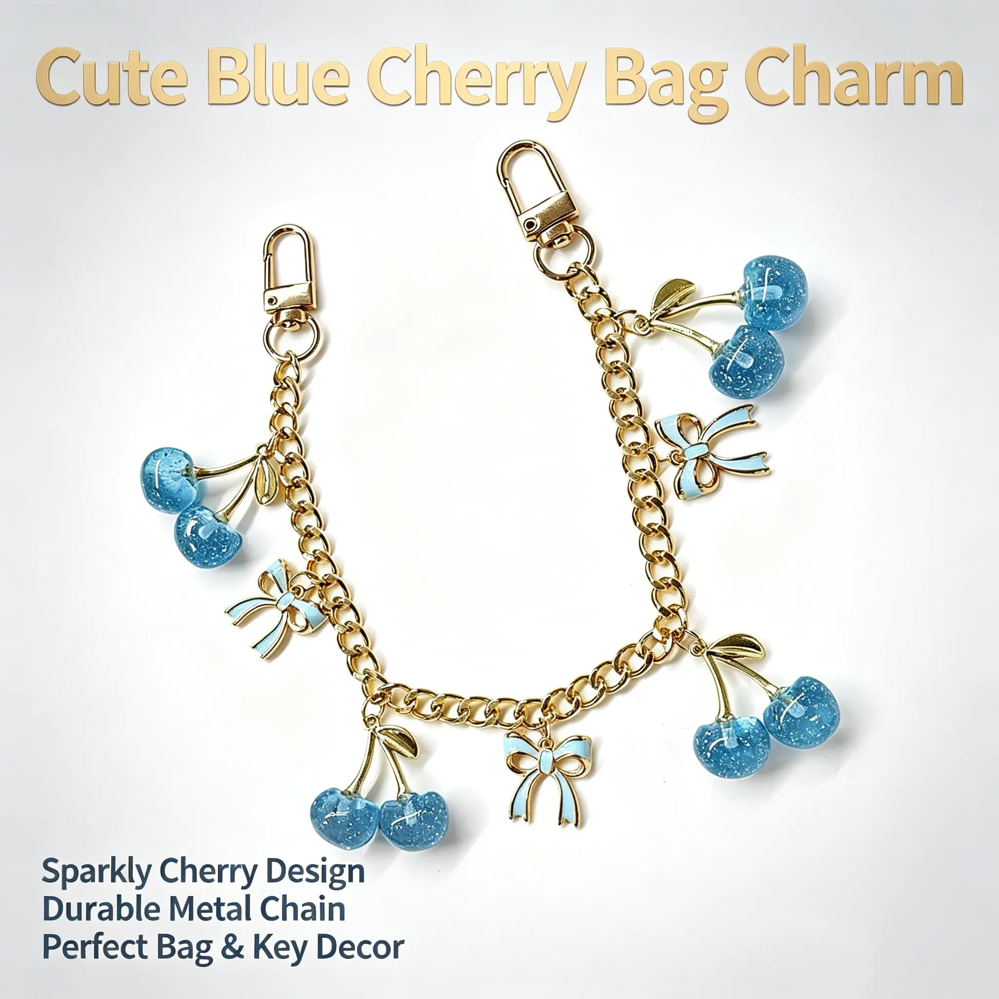 Blue Cherry Gold Color Accent Bag Chain Charms, Big & Small Cherry Handbag Charms, Chain Bag Accessory Cherry Purse Charms Chain Pink Cherry Bag Charm
