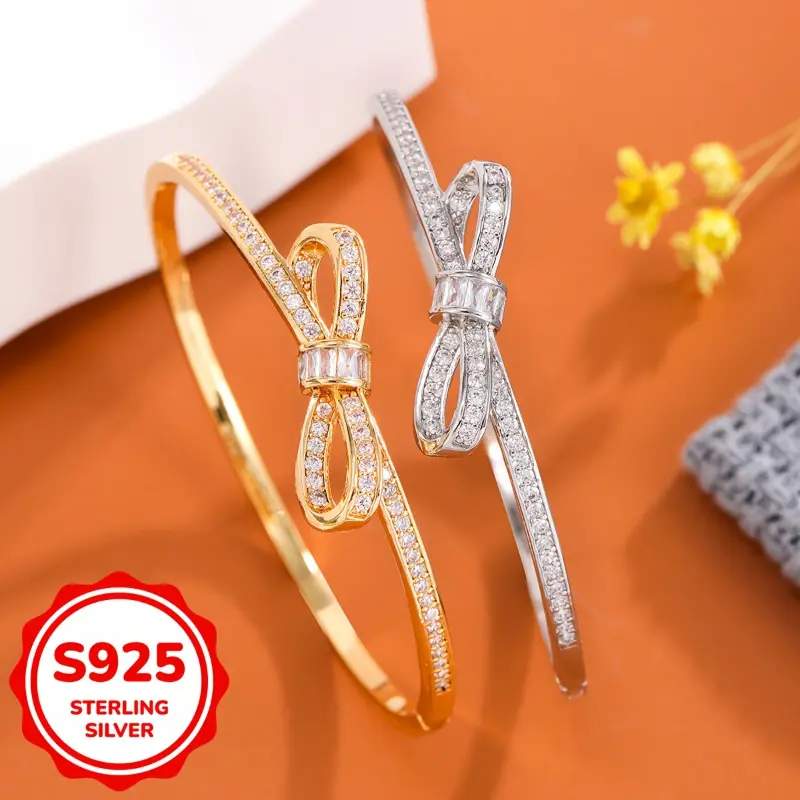Women's 925 Sterling Silver Bow Bangle with Sparkling Cubic Zirconia Sparkle Stones - Bohemian Female Fashion Jewelry, Daily Wear, Perfect Gift for Sisters or Moms, All-Season Use