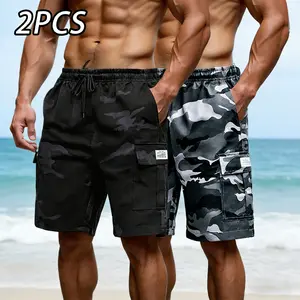 Two men’s camouflage cargo shorts—casual, trendy, and cool—with side utility pockets that add a practical touch. A drawstring waist is easy to adjust, and small labels showcase refined details. The fabric drapes nicely and feels skin friendly, while the l