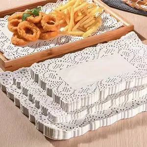 150pcs White Lace Paper Doilies, Rectangle Flower Bottom Paper Placemats, Disposable Greaseproof Doilies, French Fries Fried Chicken Paper, Paper Pad Tray, For Food, Cake, Tableware Decoration, Household Kitchen Accessories
