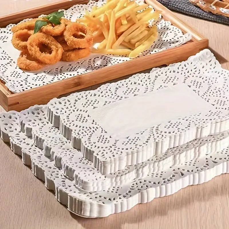 150pcs White Lace Paper Doilies, Rectangle Flower Bottom Paper Placemats, Disposable Greaseproof Doilies, French Fries Fried Chicken Paper, Paper Pad Tray, For Food, Cake, Dessert, Tableware Decoration, Household Kitchen Accessories