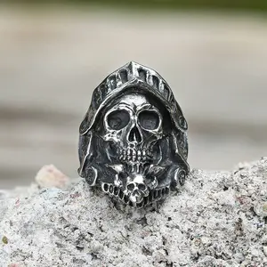 GTHIC Punk Knight Soldier Skull Ring Stainless Steel Statement Jewelry for Men Daily Wear
