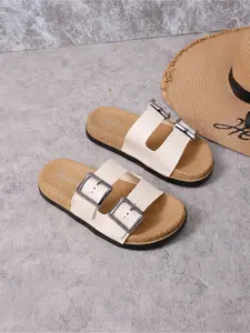 2026 Summer Double Buckle Straw Sandals Women, Platform Non-slip Beach Slides, Casual Open Toe Slippers