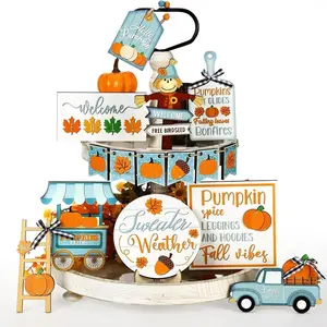 20 Piece Fall Layered Tray Decor Set, Thanksgiving Tabletop Decoration, Farmhouse Country Centerpiece, Pumpkin Truck Wooden Signs