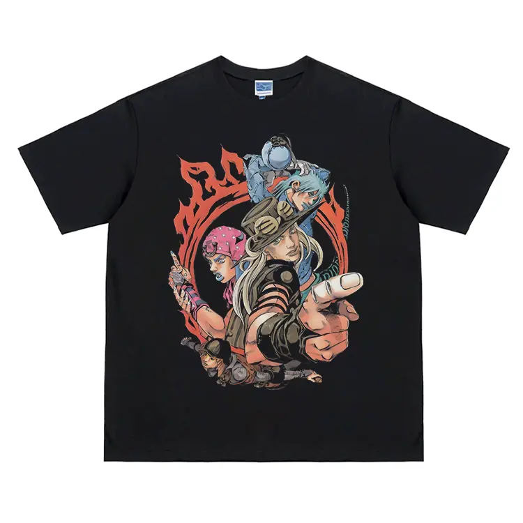 Menswear JoJo "The Trio of Fate" Anime Vintage Oversized Round Neck Short-Sleeve T-Shirt, 180GSM Cotton, DTG Print, Original Design, Crewneck, Regular Shoulder, Casual Unisex Streetwear Top