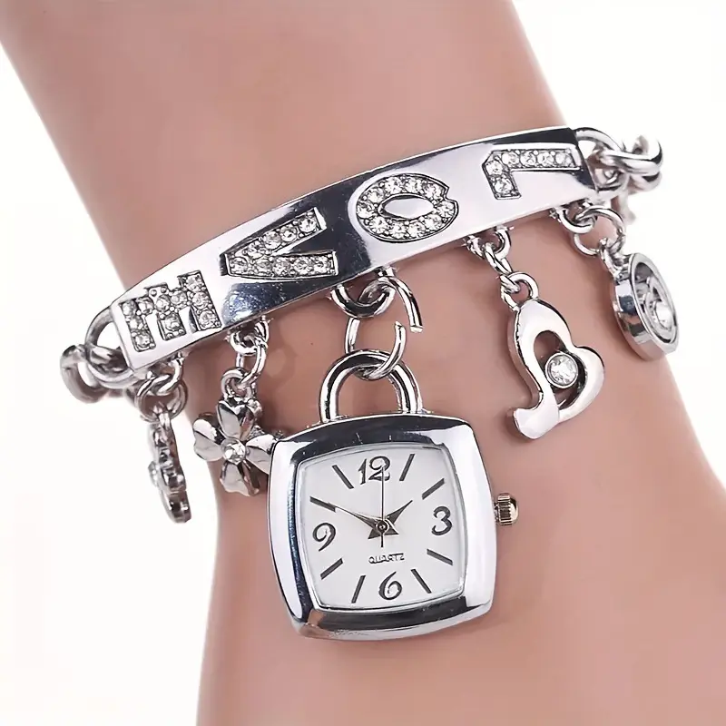 Fashionable Quartz Jewelry Bracelet Watch for Women with Romantic LOVE Design, Flower Charm, and Twisted Strap, Quartz Watches, Fashionable Watches