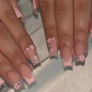 French Medium Fake Nails Tips Coffin Press on Nails Flower Full Cover Rhinestones False Nails for Women 24PCS