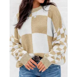 Women’s round-neck checkered color-block knit pullover sweater, fashionable long-sleeve sweater, suitable for autumn and winter outfits