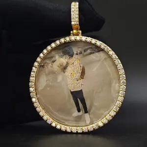 Synthetic Moissanite Circle Photo Pendant Custom Engraved 9.2.5 Silver Memorial Medallion for Personalized Jewelry