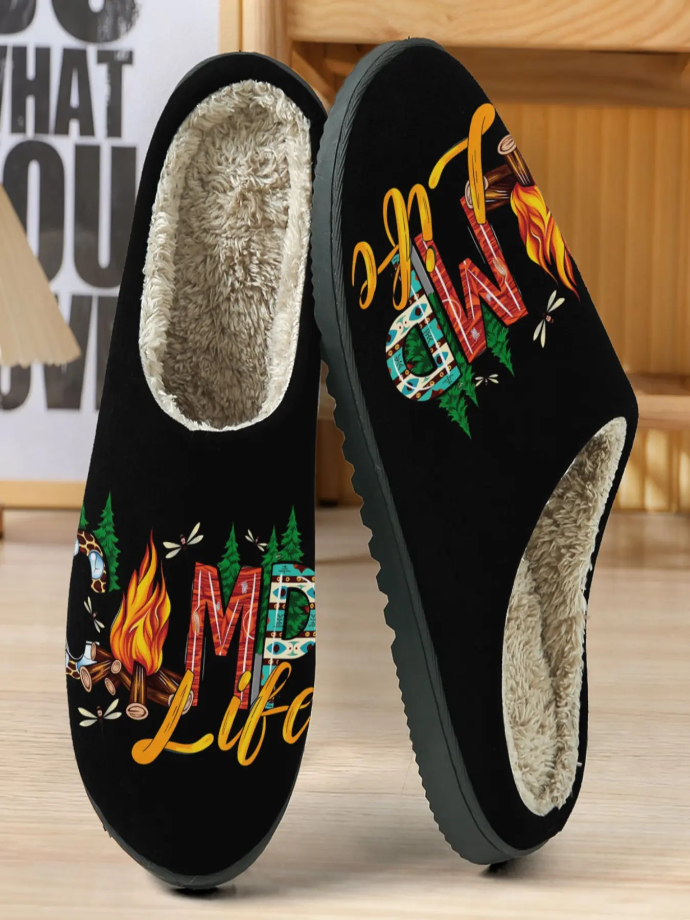 Camp Theme Cotton Slippers, Base with Campfire and Tree Elements, Plush Lining, Casual Home Wear for Outdoor Enthusiasts
