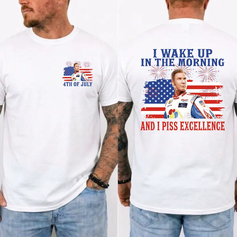 Men's Ricky Bobby Humor Graphic 4th of July Tee - Talladega Nights 100% Cotton Round Neck Short Sleeve Relaxed Breathable USA-Made 250th Anniversary All Seasons Durable & Fade-Resistant Streetwear Top ("I Wake Up In The Morning And I Piss Excellence")