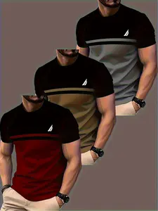 3-piece men's 3D printed T-shirt set | Comfortable, round-neck, short-sleeved, machine-washable, available in large size options, suitable for daily wear and summer activities